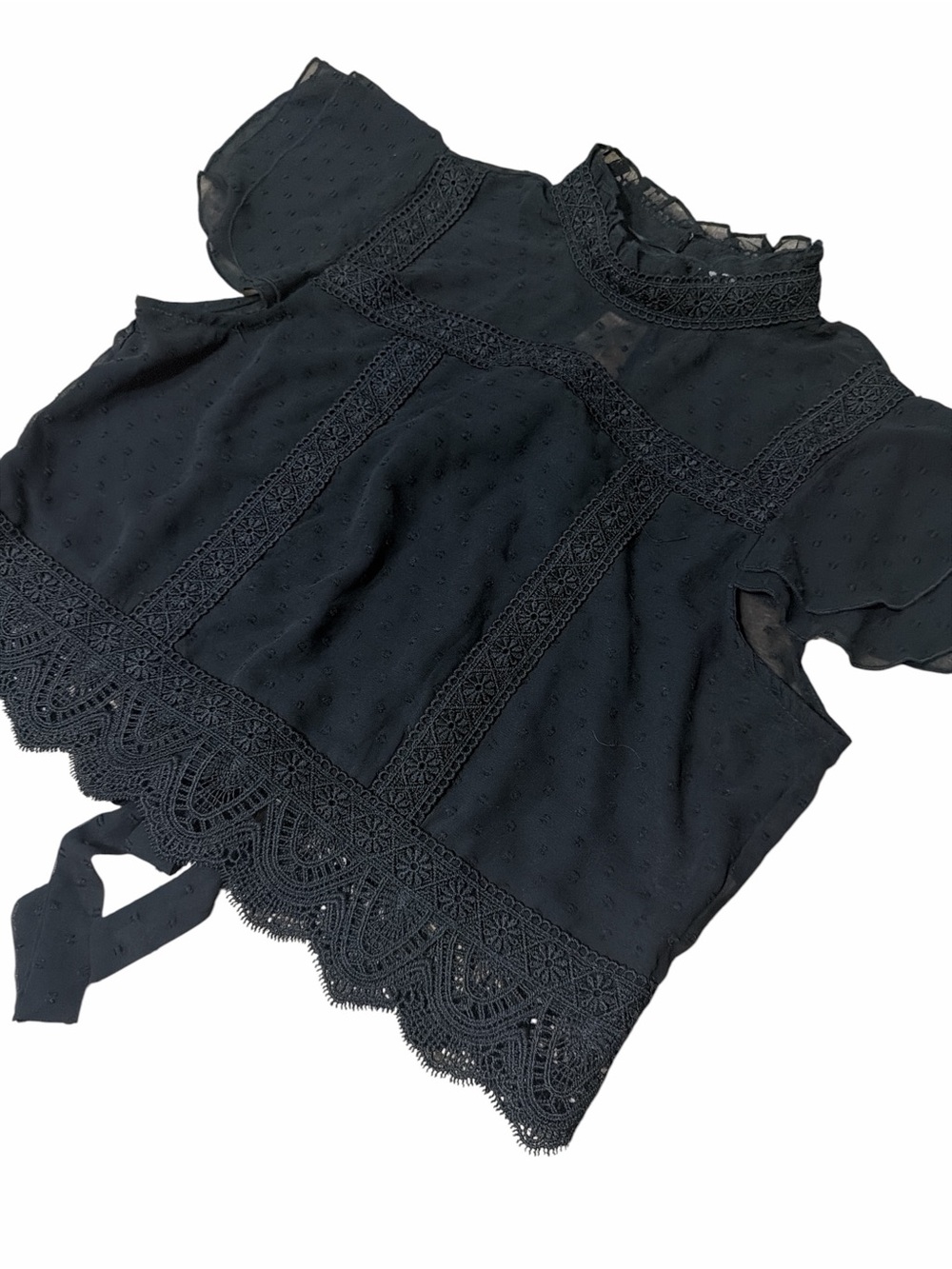 MI AMI Black Sheer Dot Lace-Trim Blouse